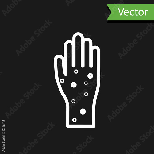 White line Hand with psoriasis or eczema icon isolated on black background. Concept of human skin response to allergen or chronic body problem. Vector Illustration