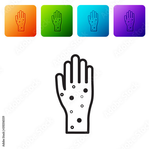 Black line Hand with psoriasis or eczema icon isolated on white background. Concept of human skin response to allergen or chronic body problem. Set icons in color square buttons. Vector Illustration