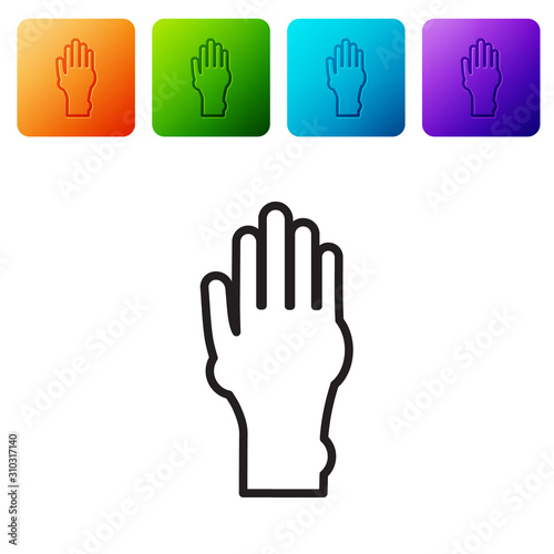 Black line Hand with psoriasis or eczema icon isolated on white background. Concept of human skin response to allergen or chronic body problem. Set icons in color square buttons. Vector Illustration
