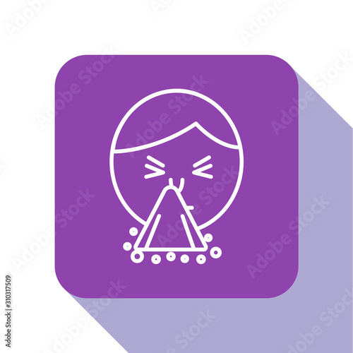 White line Man holding handkerchief or napkin to his runny nose icon isolated on white background. Coryza desease symptoms. Purple square button. Vector Illustration