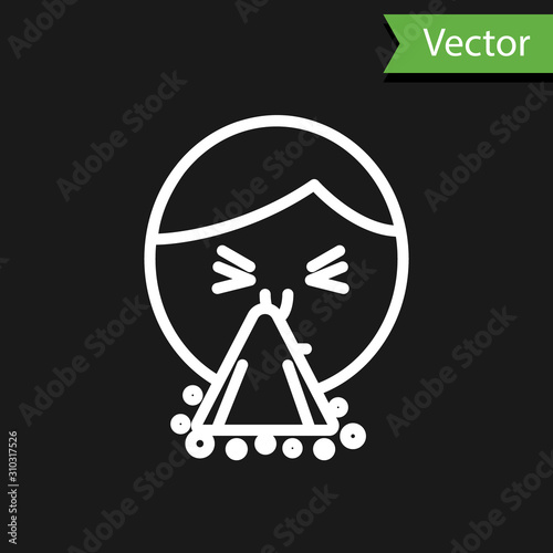 White line Man holding handkerchief or napkin to his runny nose icon isolated on black background. Coryza desease symptoms. Vector Illustration