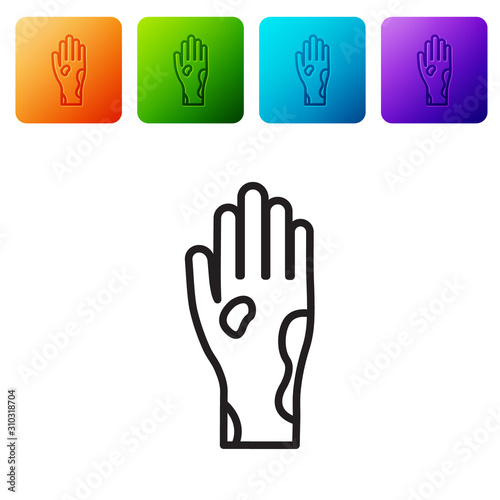 Black line Hand with psoriasis or eczema icon isolated on white background. Concept of human skin response to allergen or chronic body problem. Set icons in color square buttons. Vector Illustration