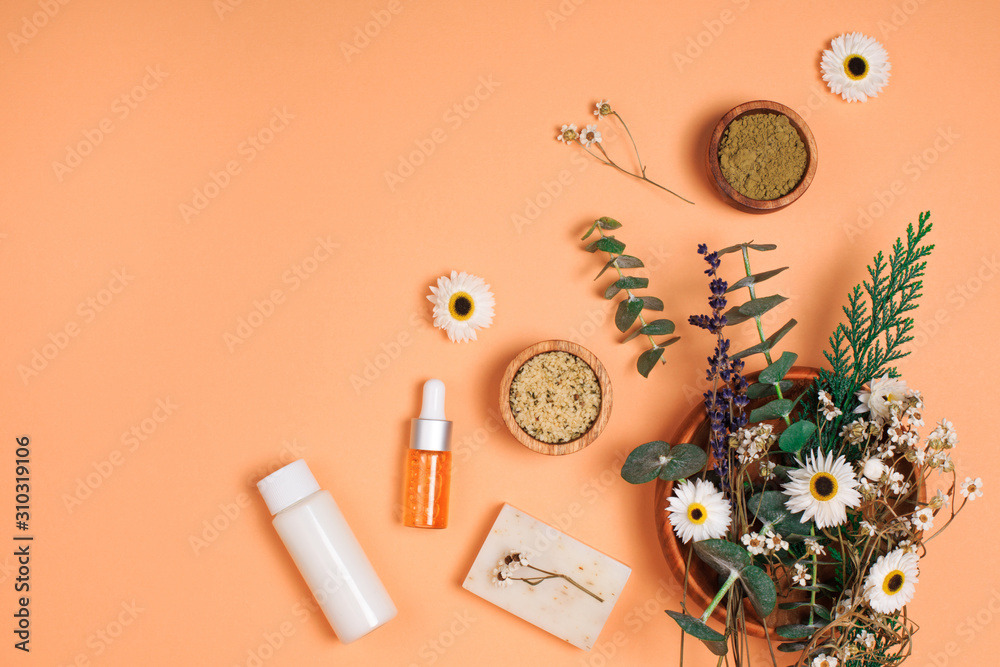 Modern apothecary concept. Herbs, collagen and essential oils in still life compositions Modern apothecary concept. Herbs, collagen and essential oils in still life compositions
