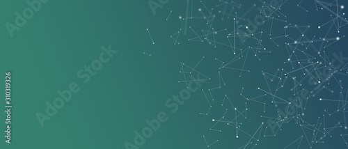 Abstract scientific primitive structures background with empty space. Polygonal chaotic structure, conection, chemistry, lines and dots, web visualization
