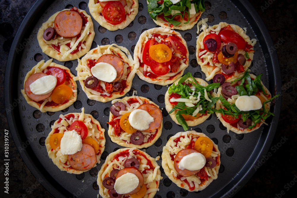 Mini Homemade chorizo sausages pizza Mini Homemade chorizo sausages pizza