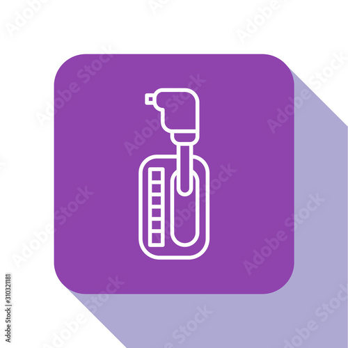 White line Gear shifter icon isolated on white background. Transmission icon. Purple square button. Vector Illustration