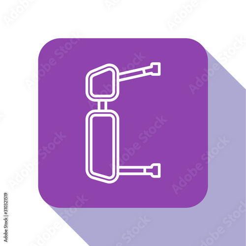 White line Truck side mirror icon isolated on white background. Purple square button. Vector Illustration