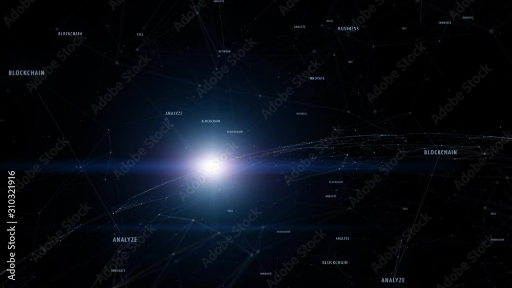 Business technology word cloud with cyberspace sphere animation background.