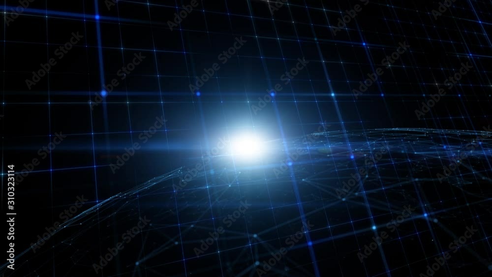 Moving flashing square network net on black cyberspace background with blurry sphere, lines and dots motion. Moving flashing square network net on black cyberspace background with blurry sphere, lines and dots motion.