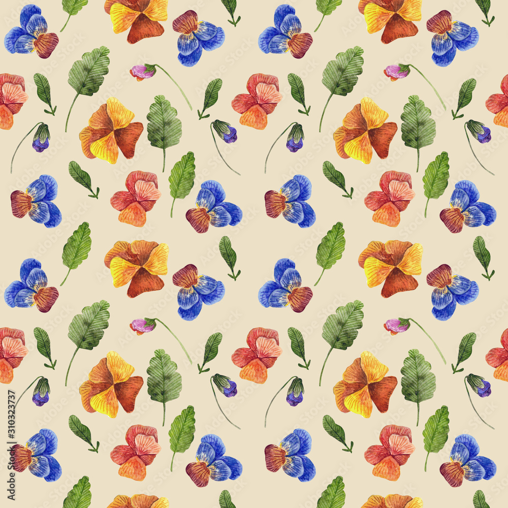 Watercolor pattern with cute pansy flowers Watercolor pattern with cute pansy flowers
