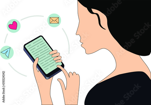 Young girl looking at mobile phone and checking social networks. Virtual communication