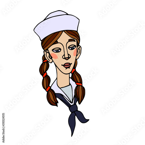 european teenager cute brunette girl in navy uniform with brown pigtails, avatar, color vector illustration with black contour lines isolated on a white background in a hand drawn and cartoon style