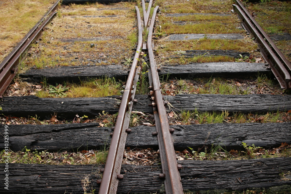Rusty old well used worn railway tracks on large timber sleepers at an old steam train station, rural Victoria, Australia Rusty old well used worn railway tracks on large timber sleepers at an old steam train station, rural Victoria, Australia