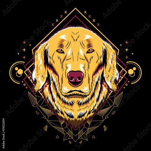 Cute golden retriever dog mandala geometry vector illustration on black background for t-shirt, sticker, posters. Animal tattoo style