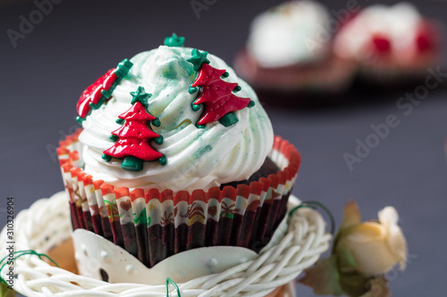 close-up photograph of christmas cupcake with unfocused background