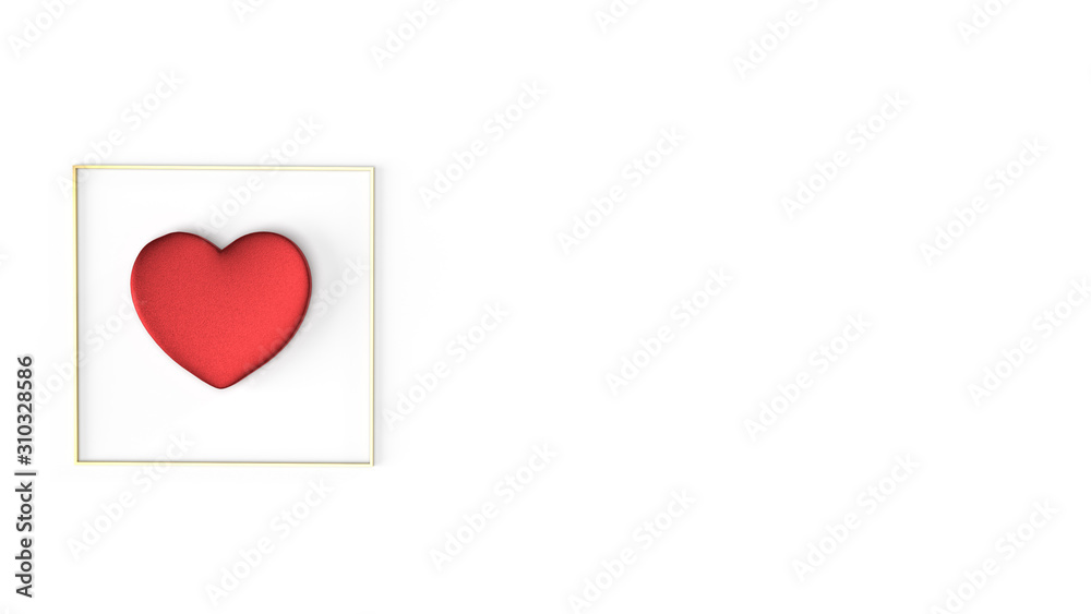 red heart and gold Fram on white background 3d rendering for Valentine's Day content..