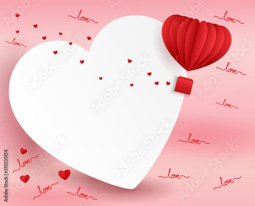 Happy valentine's day greeting card with white blank heart and hot air balloon