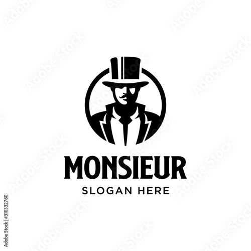 Monsieur logo. Gentleman figure with mustache. Vintage classic retro. Branding for whisky, fashion, barber, beautique, salon, antique stuff, etc. Isolated logo vector inspiration. Graphic designs