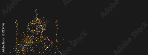 Ramadan background. Design is sand with golden squeak of mosque silhouette. black pattern with bright sequins loose gold. Arabic calligraphic text of Ramadan Kareem
