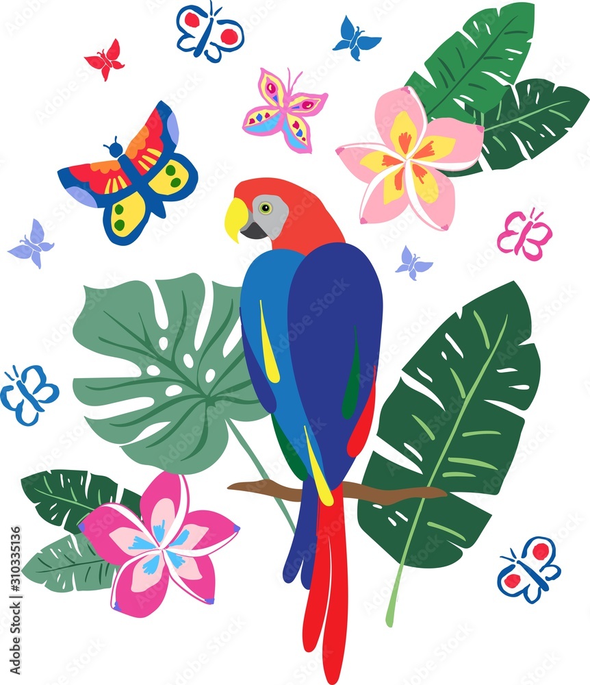 Colorful colourful tropical placement print vector illustration with a blue macaw ara parrot bird on a branch with leaves surrounded by flowers and butterflies