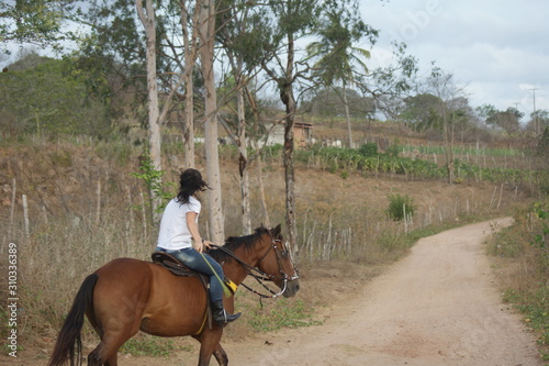 woman riding horse on dirt road