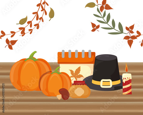 Food and leaves of thanksgiving day vector design