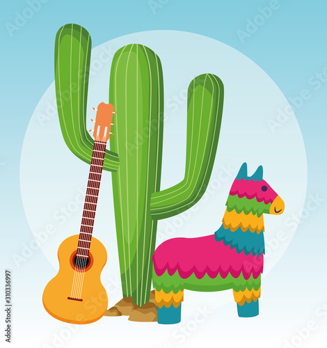 Mexican cactus pinata and guitar vector design