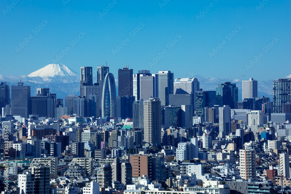(東京都-都市風景)青空の下の富士山と新宿ビル群８