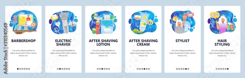 Mobile app onboarding screens. Electric razor, hair beauty salon, barbershop, lotion, cream, stylist. Menu vector banner template for website and mobile development. Web site design flat illustration