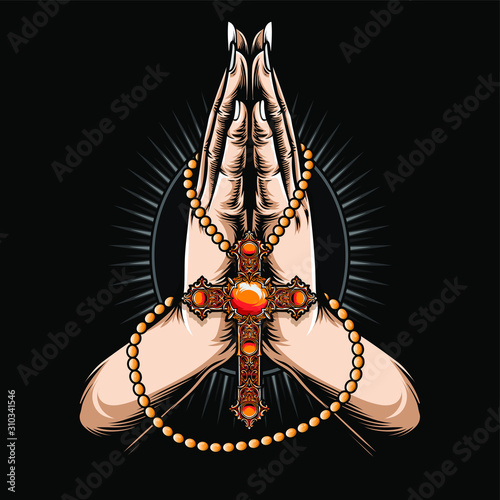 praying hand with cross necklace vector