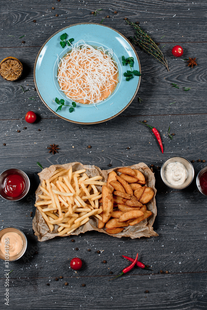 fast food french fries and baked potatoeы set close up food for restaurant menu fast food french fries and baked potatoeы set close up food for restaurant menu