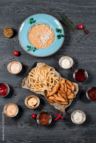 fast food french fries and baked potatoeы set close up food for restaurant menu