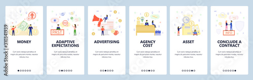 Mobile app onboarding screens. Business deal and contract, office desk, money, advertisement, promotion. Vector banner template for website and mobile development. Web site design flat illustration
