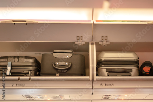 Overhead compartment for put luggage on airplane.