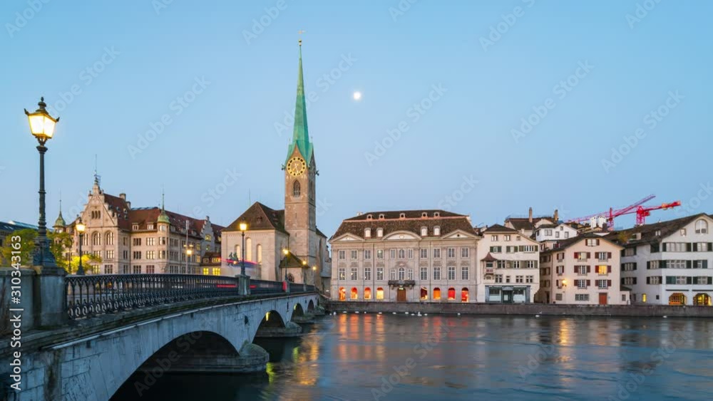 Fraumunster church night to day time lapse in Zurich, Switzerland Fraumunster church night to day time lapse in Zurich, Switzerland