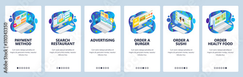 Mobile app onboarding screens. Order food online, burger store, online payment, search restaurant. Menu vector banner template for website and mobile development. Web site design flat illustration