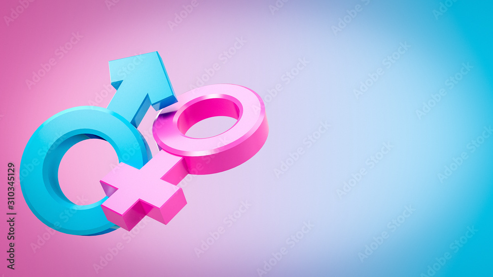 3D rendering images of male and female sex symbols that are equal or live together. Focus on Blue and Pink Color. 3D rendering images of male and female sex symbols that are equal or live together. Focus on Blue and Pink Color.