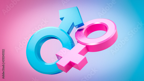 3D rendering images of male and female sex symbols that are equal or live together. Focus on Blue and Pink Color.