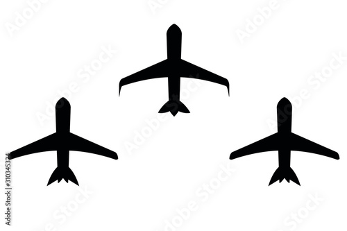 Two different model commercial airplane silhouettes isolated on the white background