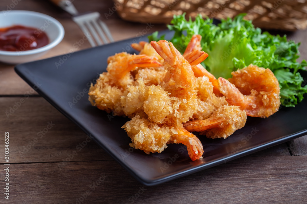 Fried shrimp and vegetable on plate. Fried shrimp and vegetable on plate.