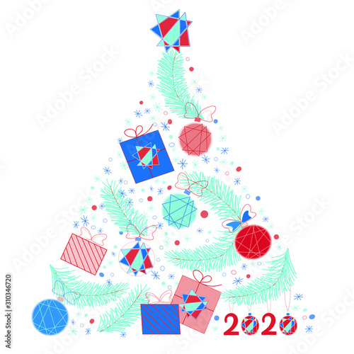 Vector illustration of a triangular Christmas tree with bulbs, presents, 2020 logo, bows, star tree topper, snowflakes and bulbs background