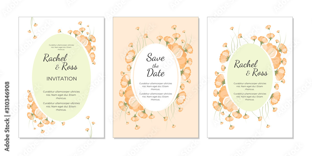 Set of card with pink and orange flowers. Wedding invite, invitation. Vector decorative greeting card or invitation design template set. Pastel, crayon colours.