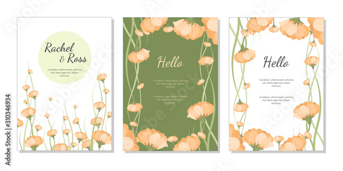 Set of card with pink and orange flowers. Wedding invite, invitation. Vector decorative greeting card or invitation design template set. Pastel, crayon colours.