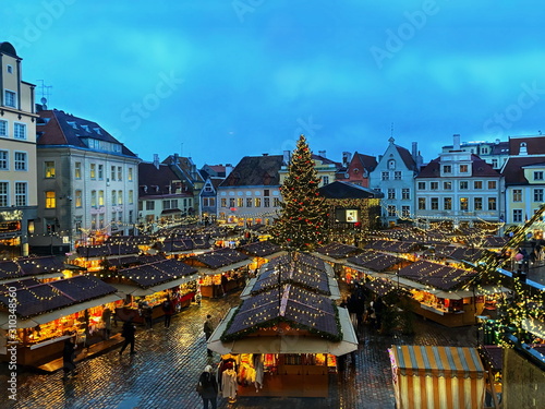 Photography Christmas tree in Tallinn panorama  in old town hall square best in Europe marke