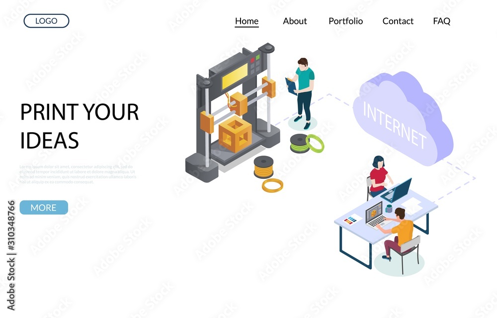 Online 3d printing vector website landing page design template