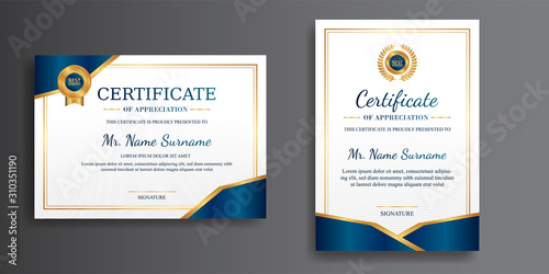 Premium certificate of achievement template, gold and blue color, clean modern design with gold badge