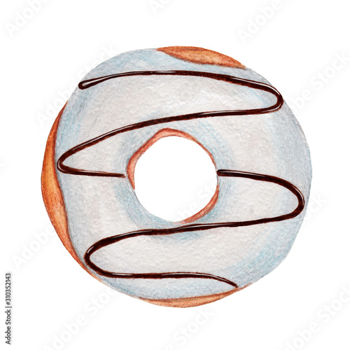 Watercolor donut with white icing. Sweet dessert. Isolated on white background