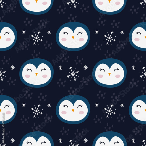 Penguin face cute. Nursery pattern illustration.