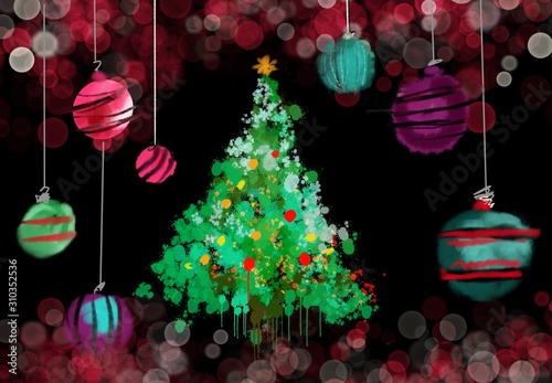Paint Splatter Christmas Tree.Watercolor freehand illustration of grunge Christmas tree on color background. christmas greeting card design.