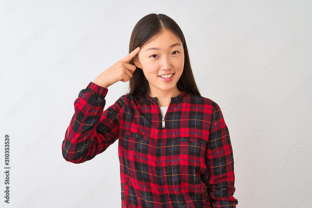 Young chinese woman wearing casual jacket standing over isolated white background Smiling pointing to head with one finger, great idea or thought, good memory Young chinese woman wearing casual jacket standing over isolated white background Smiling pointing to head with one finger, great idea or thought, good memory